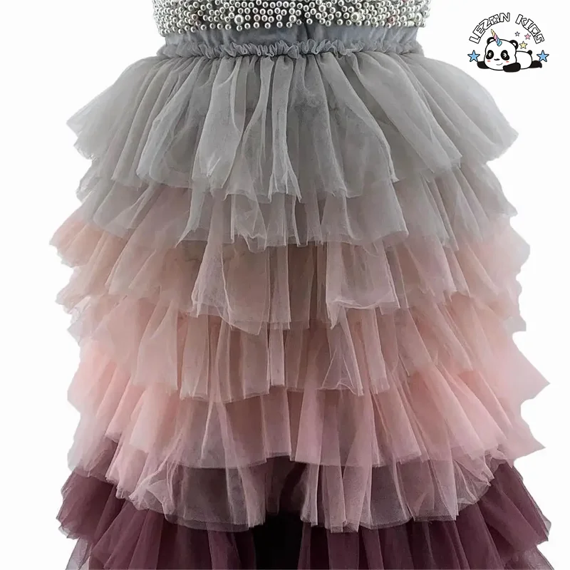 LEZONKIDS - Vestido de Festa para Meninas Elegante de Verão com Camadas de Rede e Pérolas Personalizadas